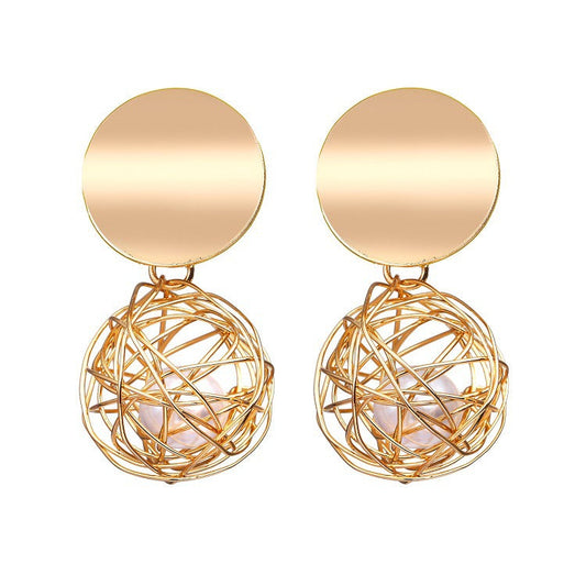 Pinkify Gold Tone Drop Earrings with Woven Metal Mesh Ball and Pearl ( Minimum Order Size - 6)